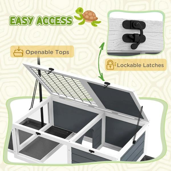Tortoise habitat table with hinged open lids and black latch hardware on front.