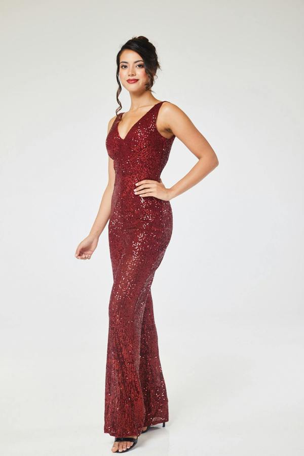 LuvForever Ruby - Wine V Neck Sequin Jumpsuit