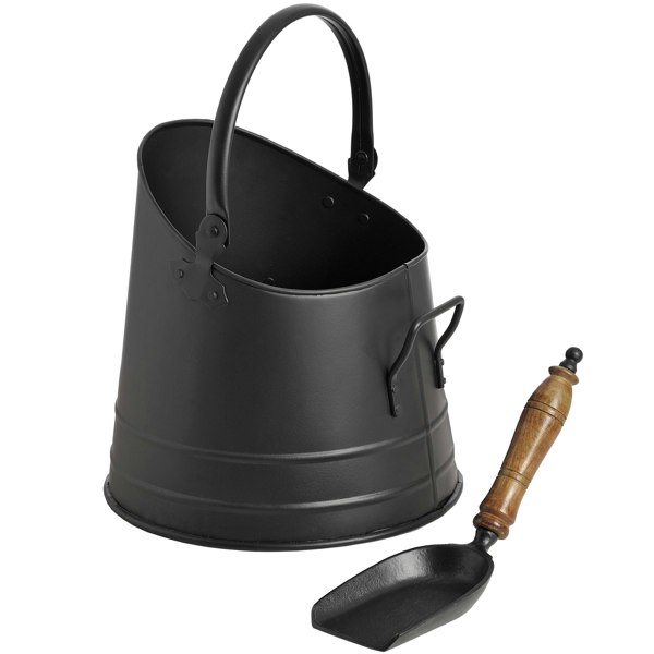 Hill Interiors Black Coal Bucket With Teak Handle Shovel - Black