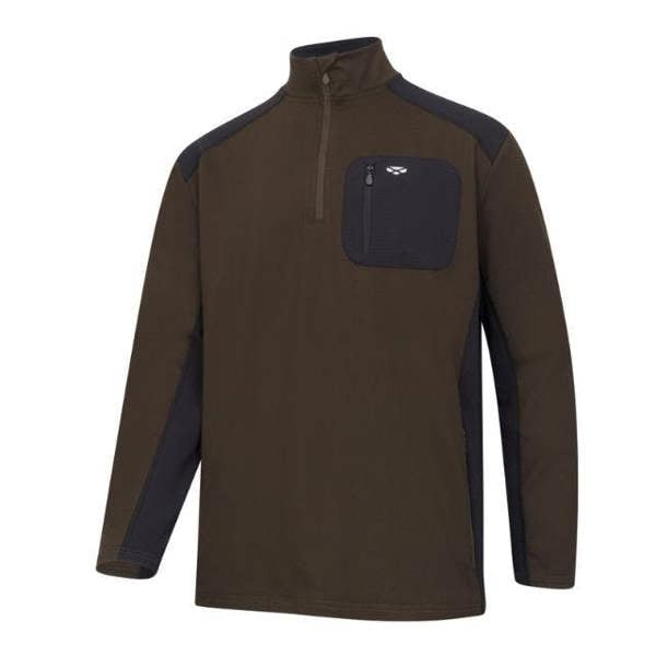 Hoggs of Fife Barra Active Zip Top front view in brown with quarter zip and chest pocket