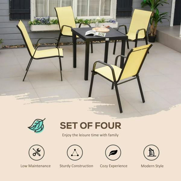 Four stackable mesh chairs with beige seats and black frames, side-by-side