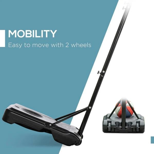 Black basketball hoop stand with wheels and weight base, mobility close-up