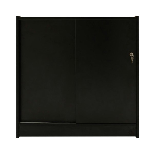 Sleek black LED retail shop counter B900 with sliding doors, key lock, and smooth finish, ideal for modern retail spaces