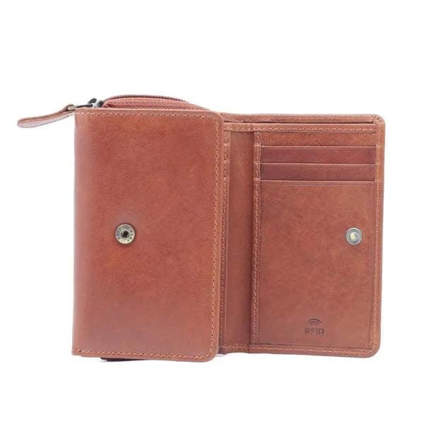 womens rfid veg tan leather trifold purse tan open view