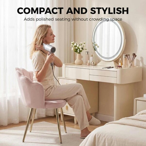 Accent Chair Velvet Upholstered Armchair Lotus Back Heart Pillow Lumbar Pillow Metal Legs Soft Pink