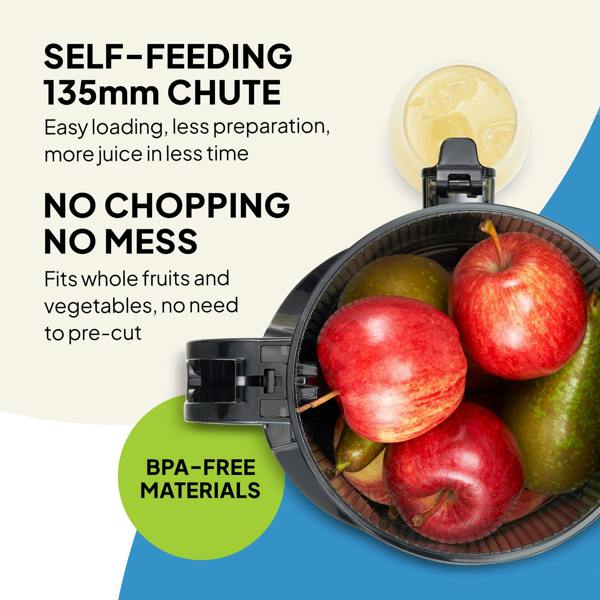 Top-down view of Fridja Citrus & Juice Duo – f800 Automatic Citrus Juicer & f2500 Self-Feeding Juicer with whole apples and pears in a 135mm wide BPA-free chute, highlighting easy, mess-free fresh juice—no chopping required.