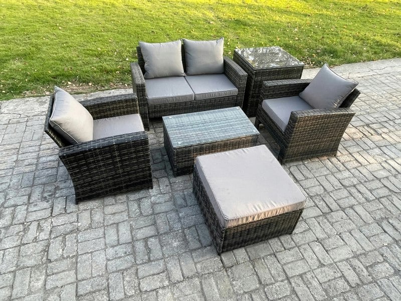 Fimous Outdoor Lounge Sofa Set - Dark Grey Mixed PE Wicker Rattan Garden Furniture with Rectangular Coffee Table & Big Footstool