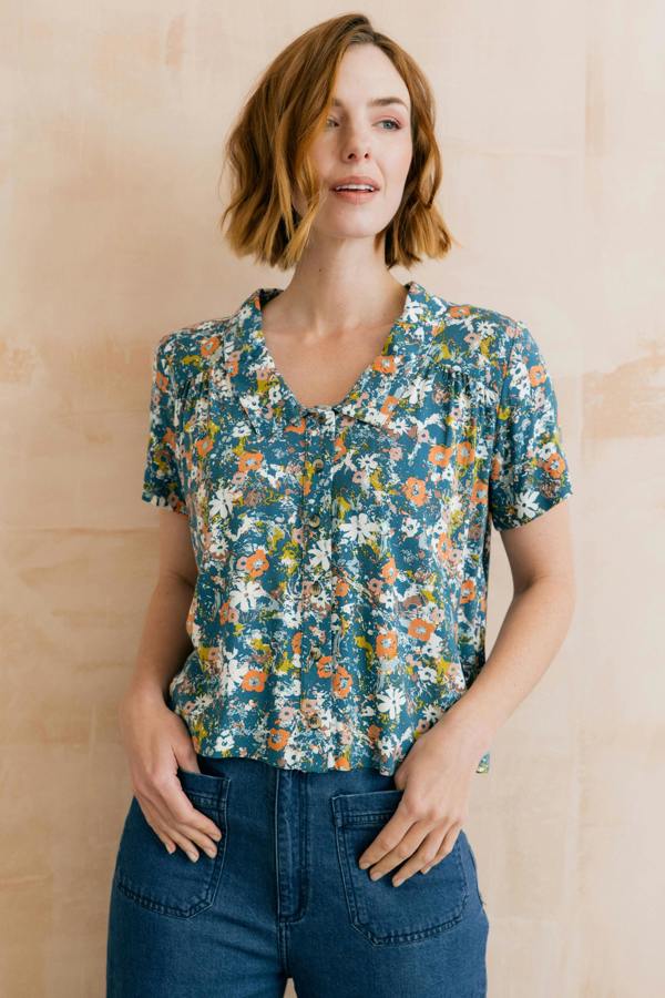 Lily & Me Lowlands Organic Ditsy Print Blouse Petrol
