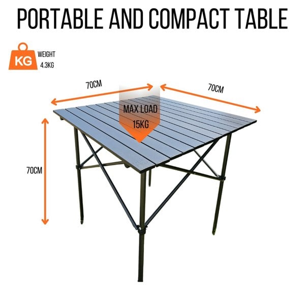 An infographic depicting the product dimensions, weight and maximum capacity of the Folding Camp Table from OLPRO.