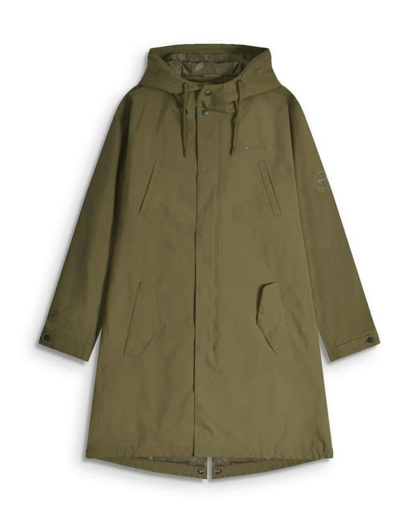 Lambretta RipStop Mens Waterproof Hooded Classic Badge Parka Coat, olive green waterproof bomber jacket with hood, front zipper closure, multiple pockets, and logo detailing.