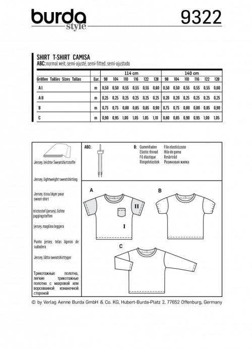 Burda Sewing Pattern 9322 Tops For Kids, Ages: 3-8 - Easy