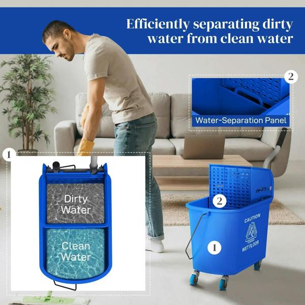 Blue mop bucket on caster wheels with perforated wringer basket and divider for separated water