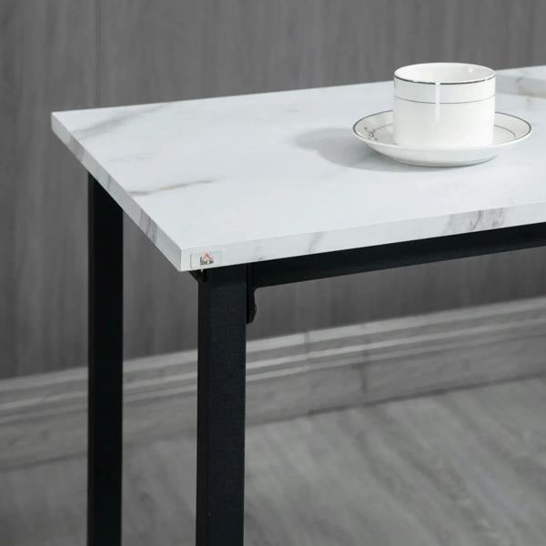 Close-up of white marble-effect bar table top on black metal frame