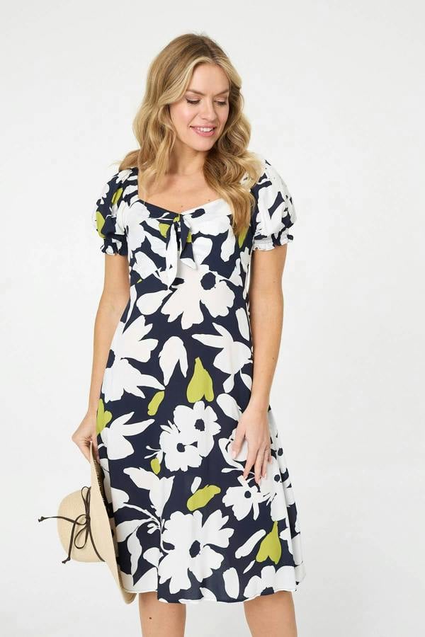 Navy | Floral Tie Front Puff Sleeve Midi Dress
