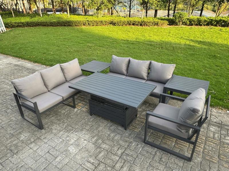 Fimous Aluminium Garden Furniture Sets,7 Seater Outdoor Sofa Dining Set with Adjustable Rising Lifting Dining Table 2 Side Tables Cushions Dark Grey