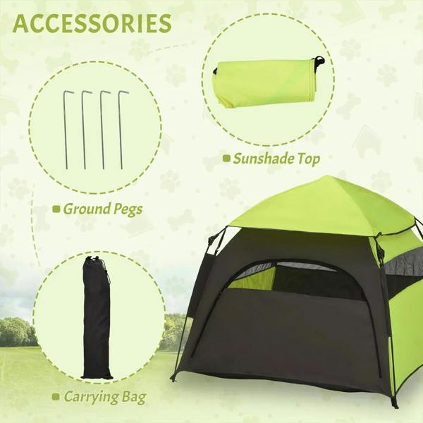 Green pop-up pet tent with included carrying bag and ground pegs