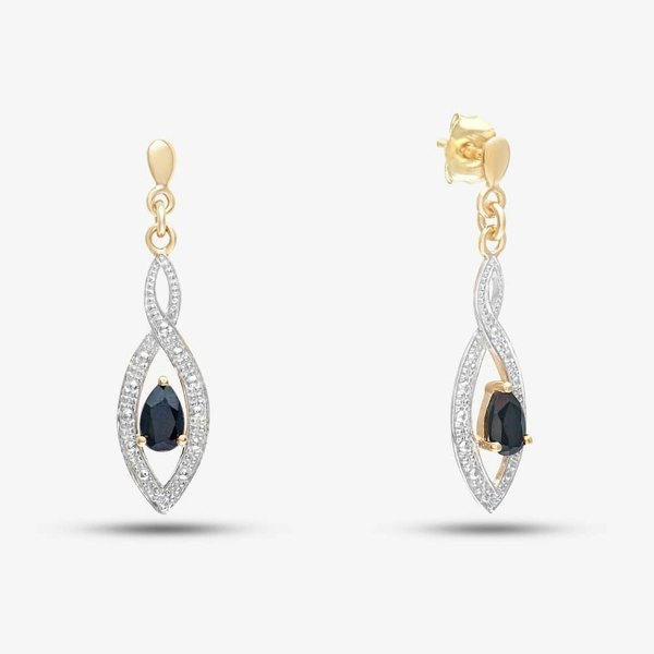 T. H. Baker 9ct Yellow Gold Sapphire & Diamond Twist Dropper Earrings PE03459Y SA