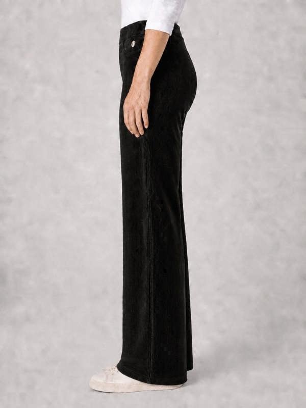 PennyPlain Wide Leg Rib Velour Trousers - Black