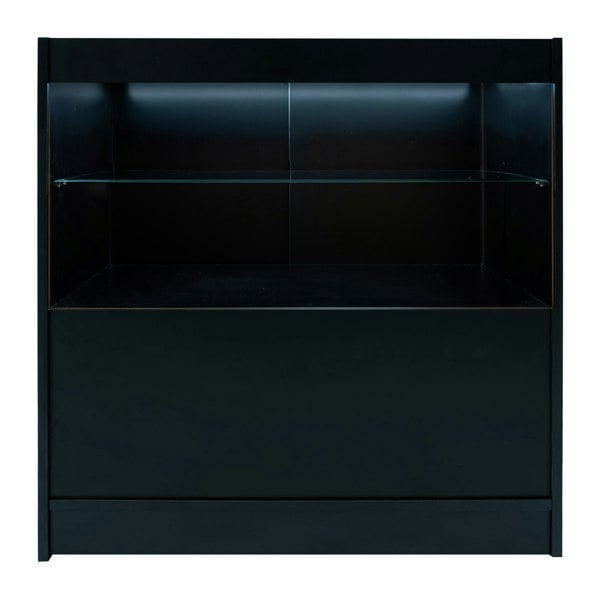 Sleek black Selene LED shop counter set with illuminated top shelf and glass display, perfect for retail environments
