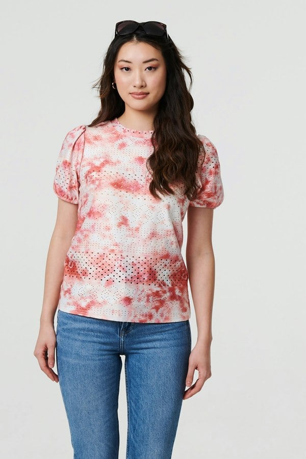 Orange | Tie Dye Cut Out Texture Short Sleeve Top
