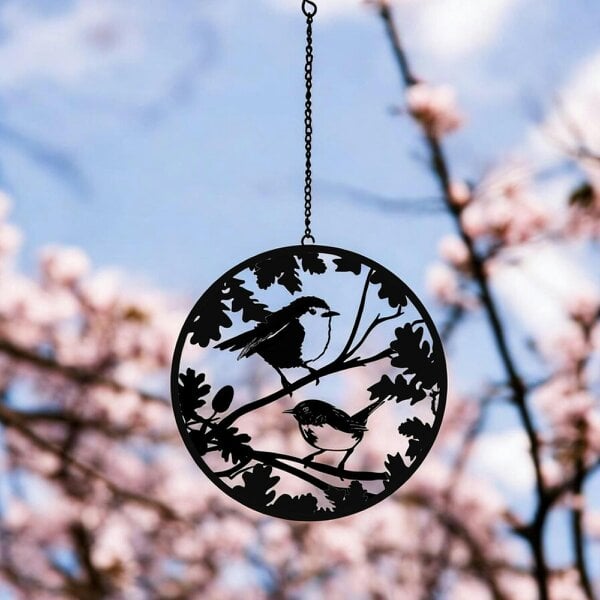 EDH Door Hardware Black Robin & Wren Hanging Mirror Silhouette – 39cm x 23cm | Metal Art Garden Décor | Reflective Hanging Ornament