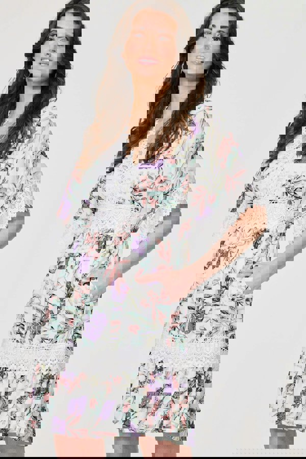 White | Leaf Print Lace Trim Short Dress