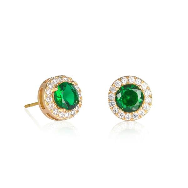 Zavana Gold Plated Classic Round Green Halo Stud Earrings with Cubic Zirconia For Women
