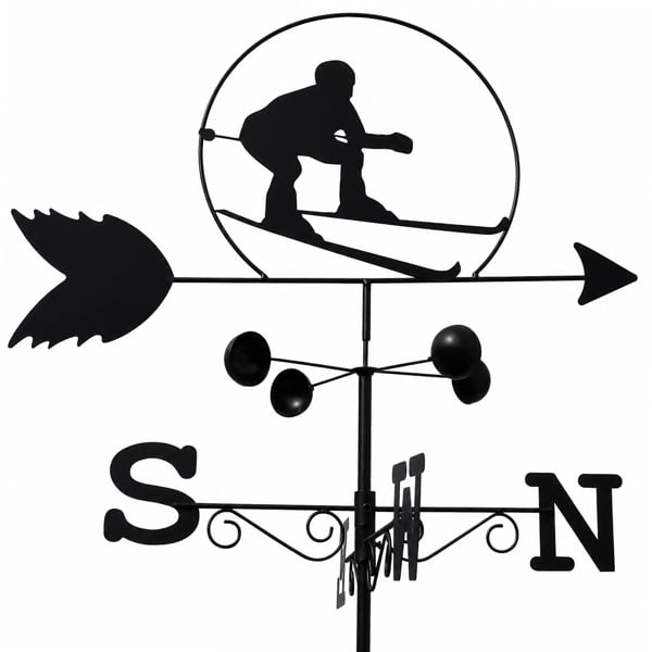 Skier Weathervane, All-Steel Black Painted Weather Vane With Wall Fixings and Ground Spike, Quick Self-Assembly