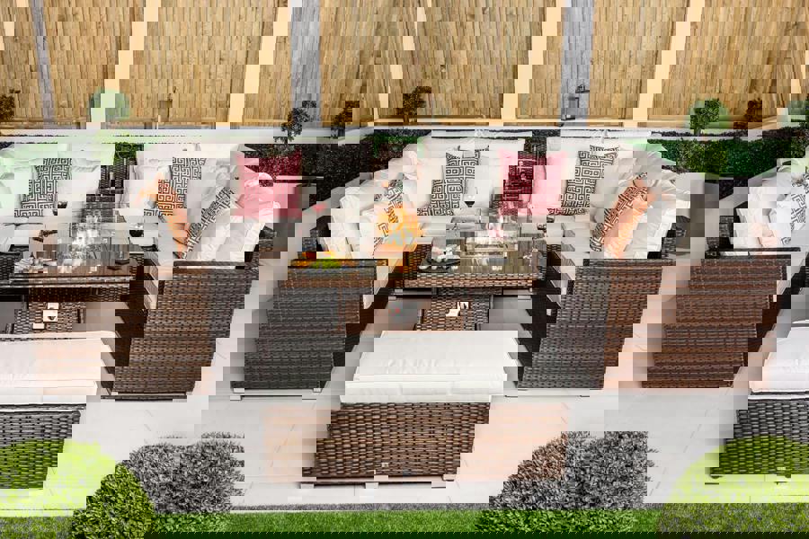 Giardino Havana 8 Seat Modular Sofa Rattan Garden Furniture Set Outdoor Drinks Cooler & Fire Pit Coffee Table, Bench