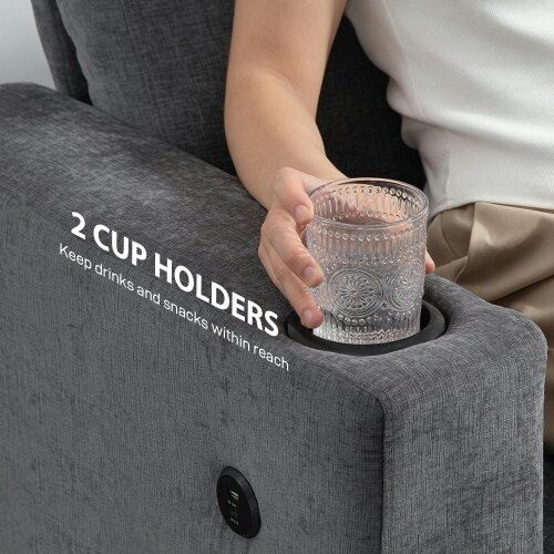 Wyld Haus Sefa Grey 3 Seater Sofa With Integrated USB Ports And Cup Holders