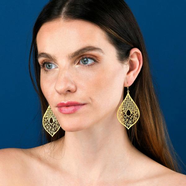 namana Gold Large Leaf Shaped Teardrop Dangle Earrings for Women