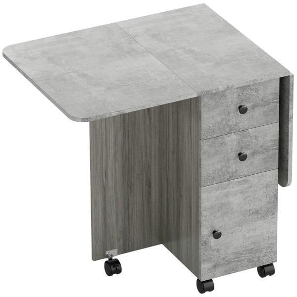 Grey drop-leaf dining table with grey marble-effect top, drawers, and caster wheels