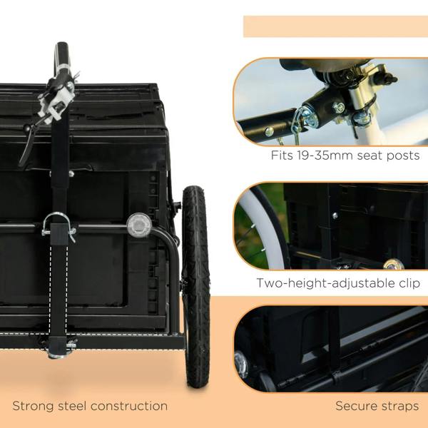 Black steel bicycle cargo trailer with steel frame, straps, and adjustable clamp mount