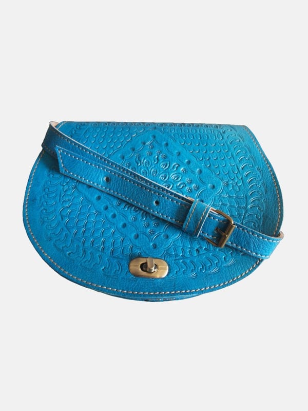 Berber Leather The Temara Embossed Saddle Bag in Bright Blue