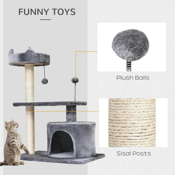 Grey cat tree with hanging plush ball toy and sisal-wrapped scratching posts