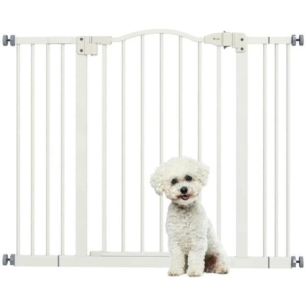 White metal adjustable pet safety gate with auto-close door and vertical bars