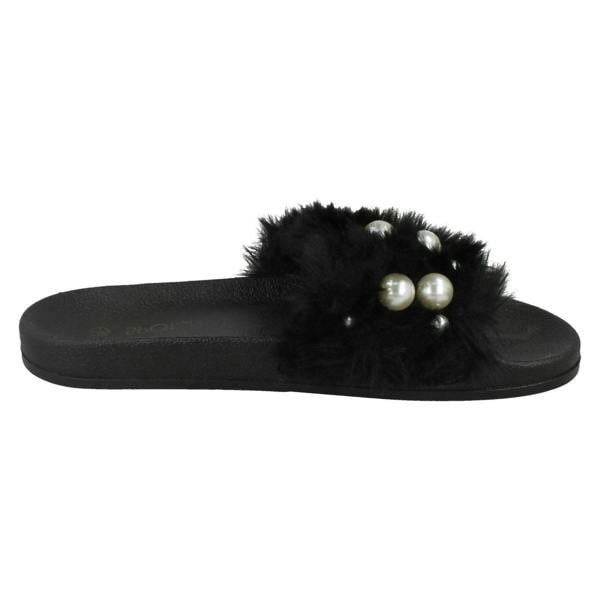 Spot On Ladies Spot On Pearl Trim Faux Fur Slider Style Sandals