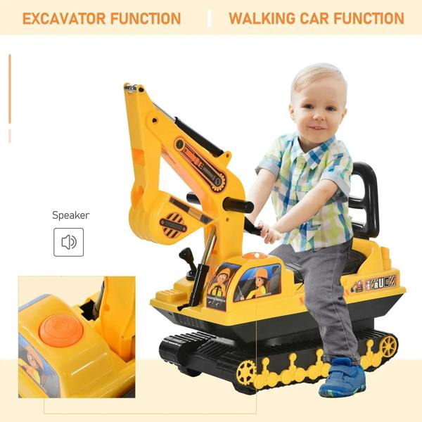 Yellow ride-on excavator toy with front scoop arm and child standing in the seat