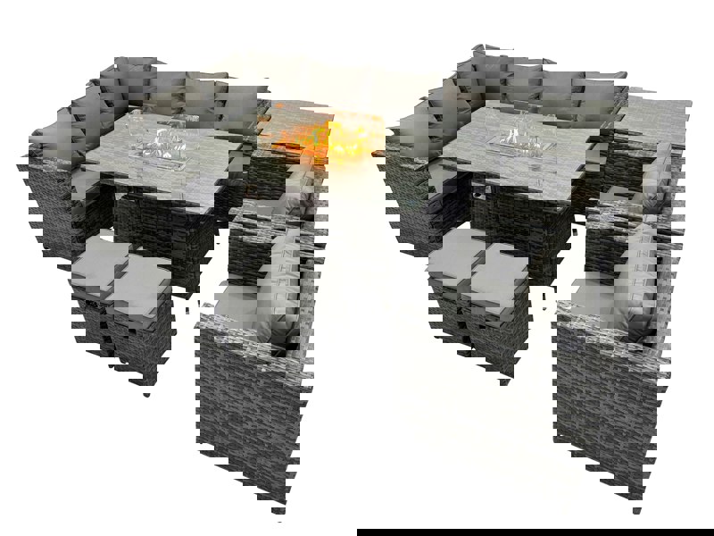 Fimous Rattan Garden Furniture Dining Set 10 seater Gas Fire Pit Dining Table Corner Sofa Set with 2 Small Stool Side Table Dark Grey Mixed