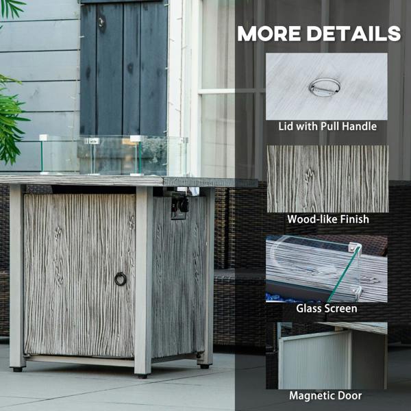 Grey gas fire pit table with glass screen, pull-handle lid, and wood-like finish