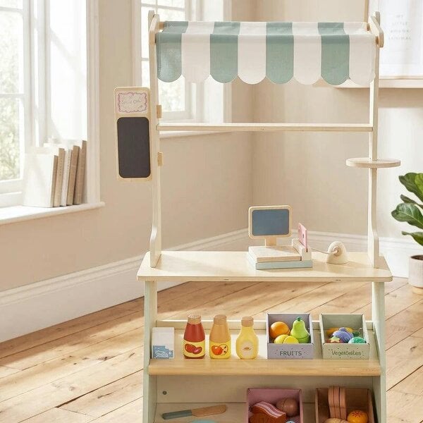 Bobobiy Wooden Toy Shop, Wooden Market Stall with Cash Register, Blackboard and Toy Food, 4 Storage Boxes, Ages 3+, Green
