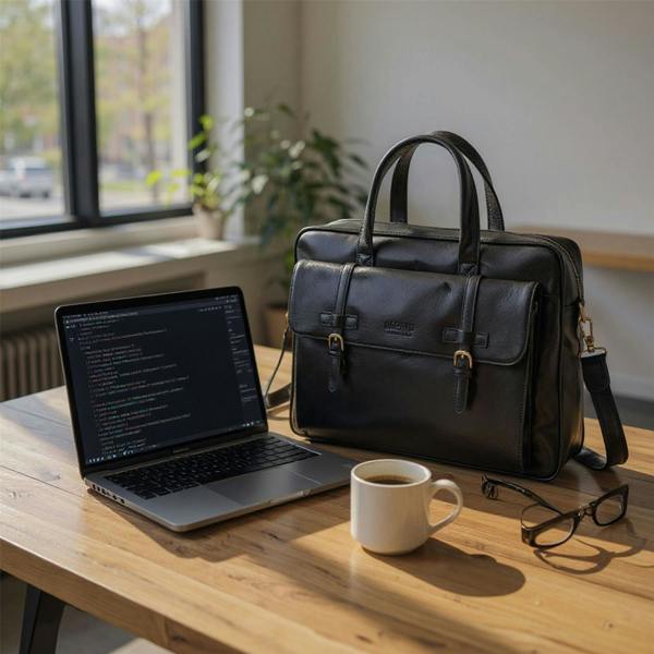 Infinity Leather Genuine Leather Laptop Black Satchel Messenger Crossbody Shoulder Bag - Belmont