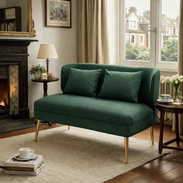 2 Seater Sofa, Linen-look Fabric Small Sofa with Wing Back, Thick Seat, Metal Legs, Dark Green - Green