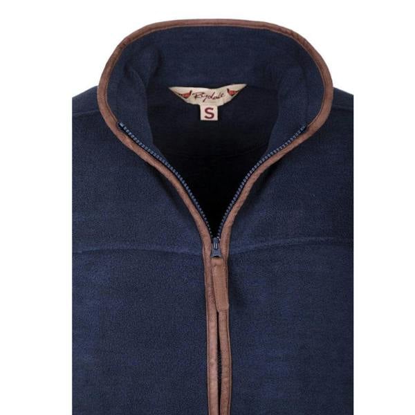 Close-up of the stand collar and front zip on the Ink Huggate fleece waistcoat
