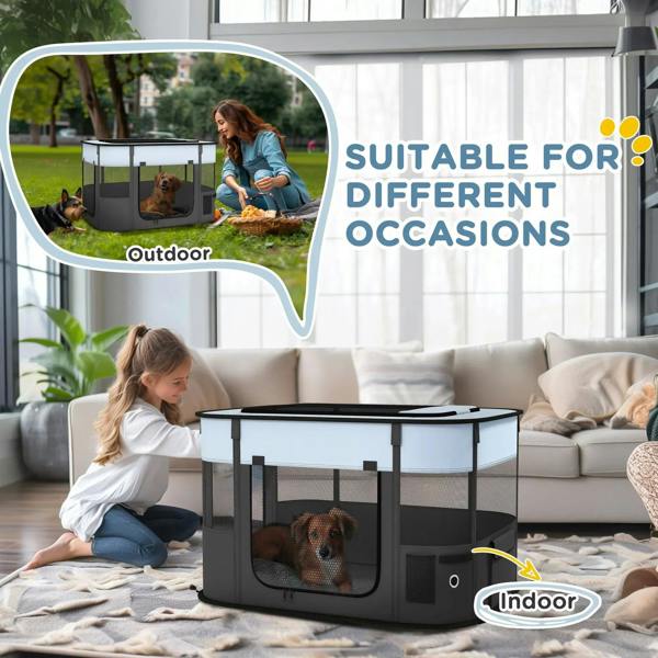 Grey foldable dog playpen with mesh sides, top cover panel, and front door opening