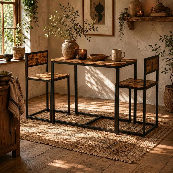 Wyld Haus Doel 3 Piece Rustic Brown Wood Effect Table And Stool Set