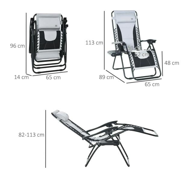 Folding reclining patio lounger chair with light grey cushions, shown with size views