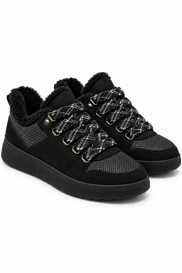 Love Lemonade Hudson Comfort Faux Suede Check Lace Faux Fur Lined Trainers Black