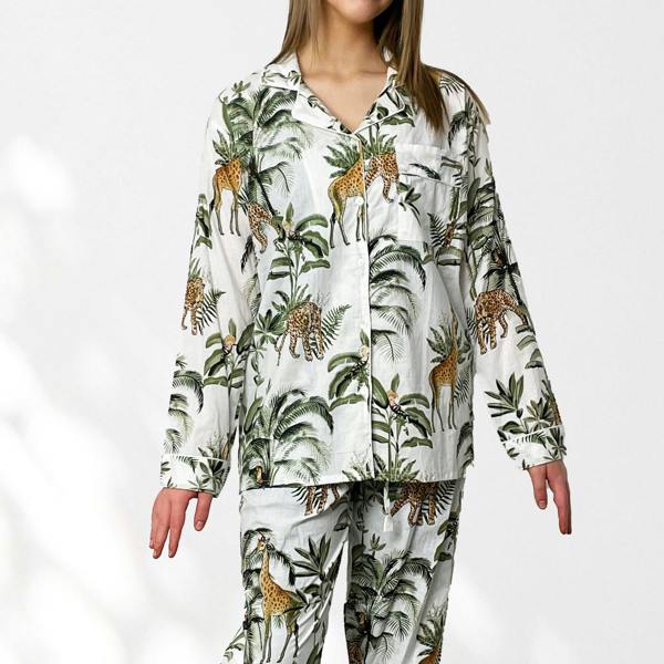 Hayley & Co Giraffe Print 100% Cotton Long Pyjama Set in White
