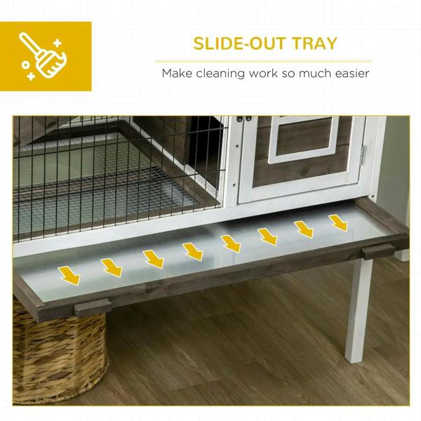 White rabbit hutch with slide-out tray beneath wire enclosure